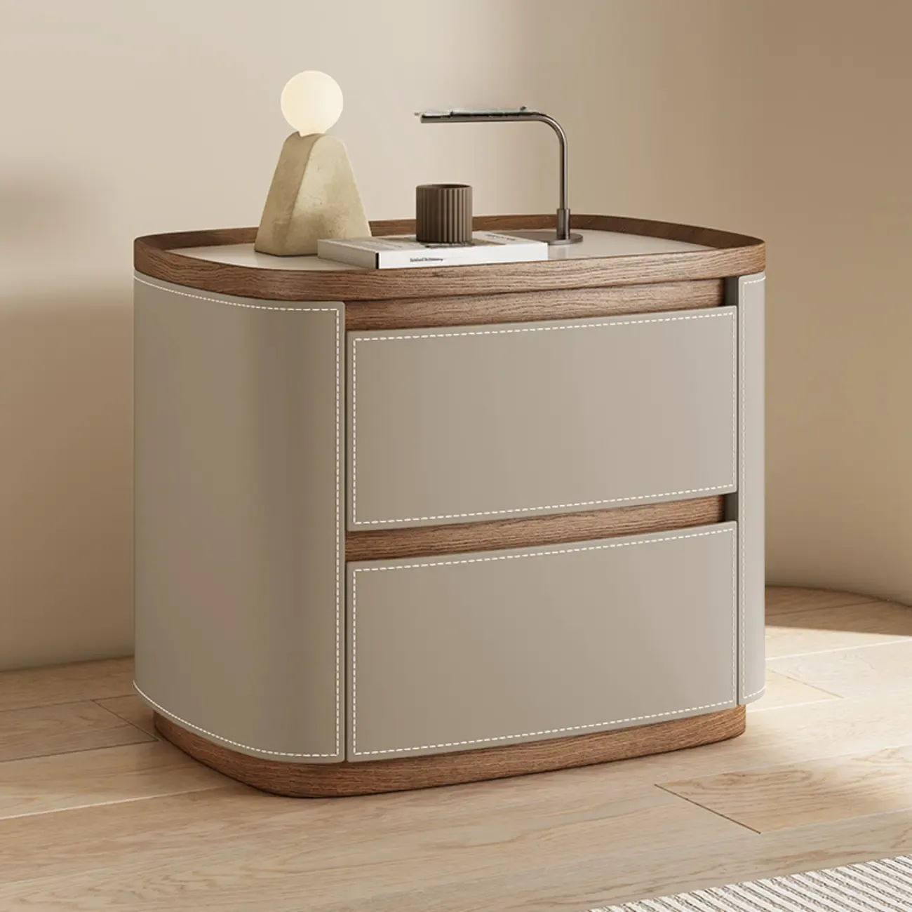 Trendy Low Tray-Top 2 Layer Solid Wood Nightstand Image - 9