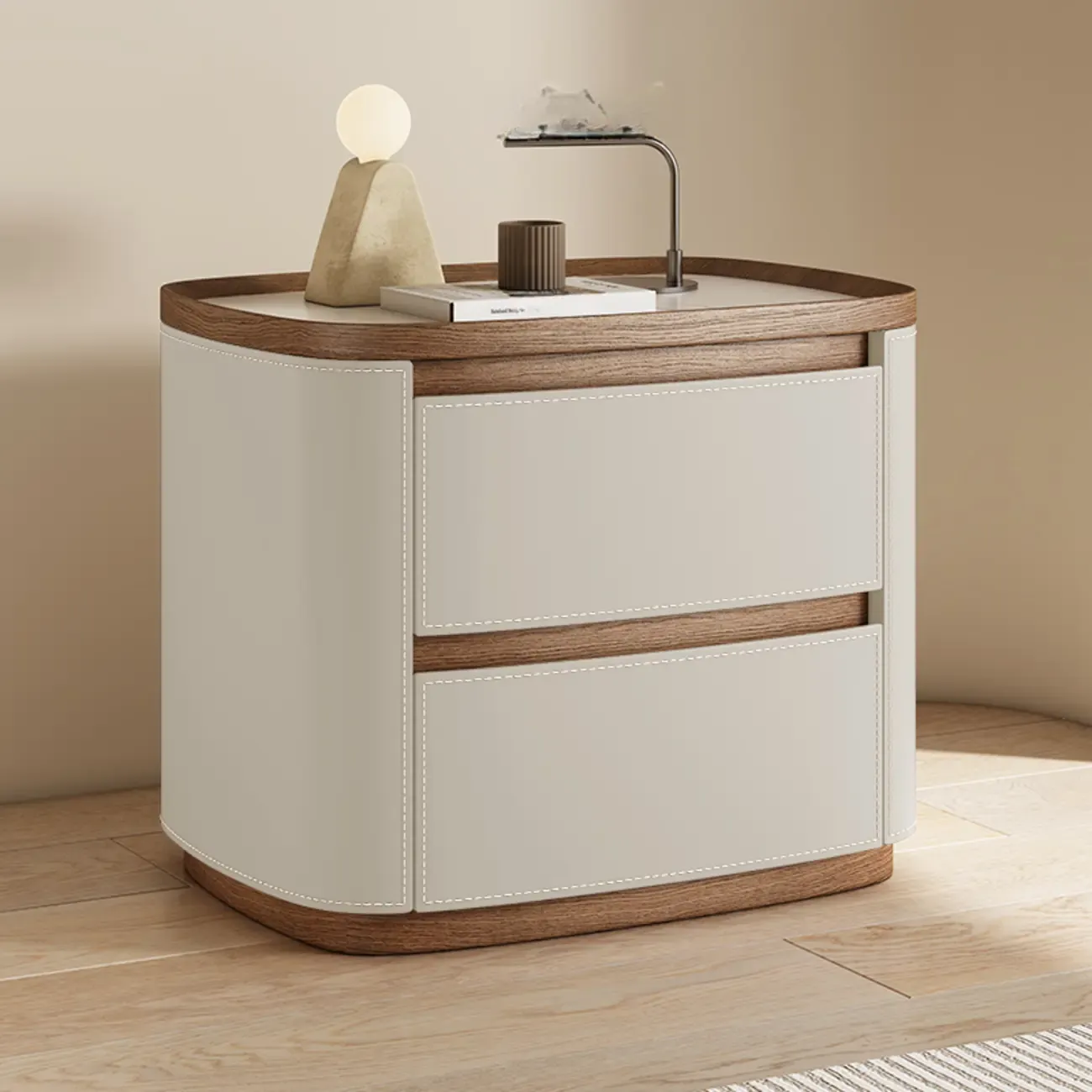 Trendy Low Tray-Top 2 Layer Solid Wood Nightstand Image - 14