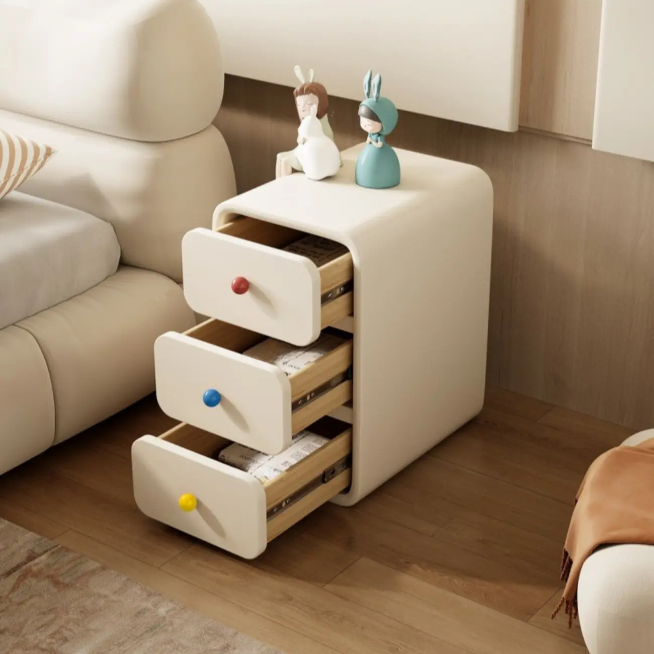Narrow Wooden 3 Layer White Nightstand in Deep Storage Image - 2 | homeyfad