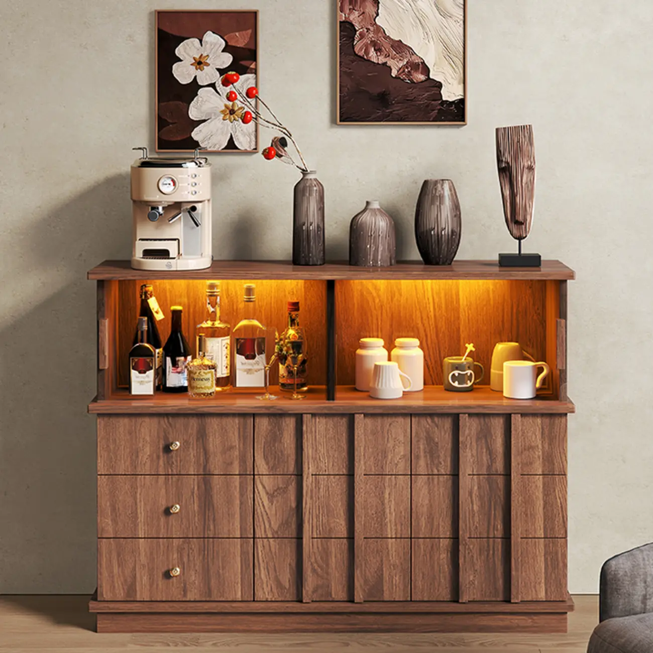 Modern Nut-brown Freestanding Wood Wine Bar Cabinet Image - 1 | homeyfad