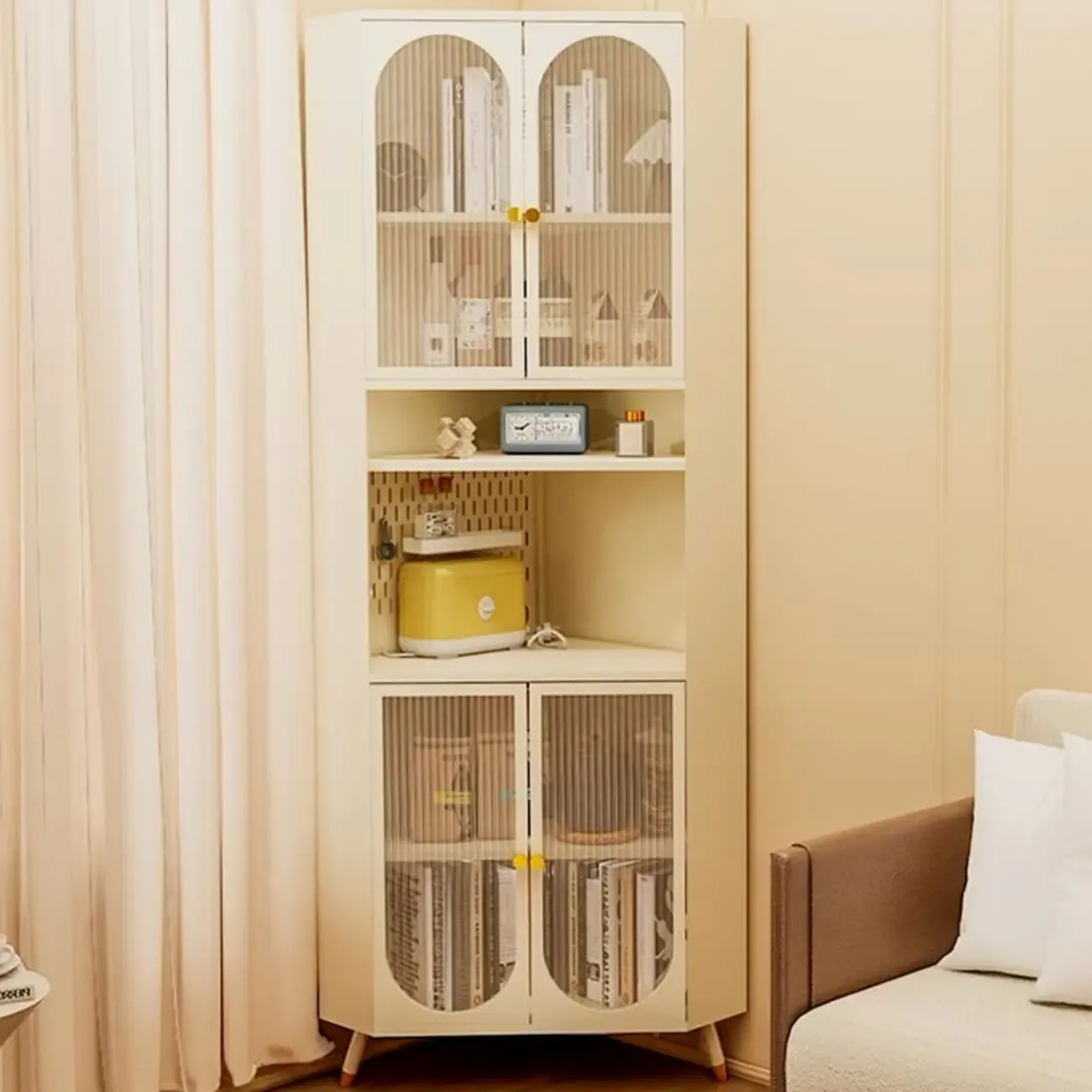 Versatile Ivory Wood Glass Door Storage Corner Cabinet Image - 1