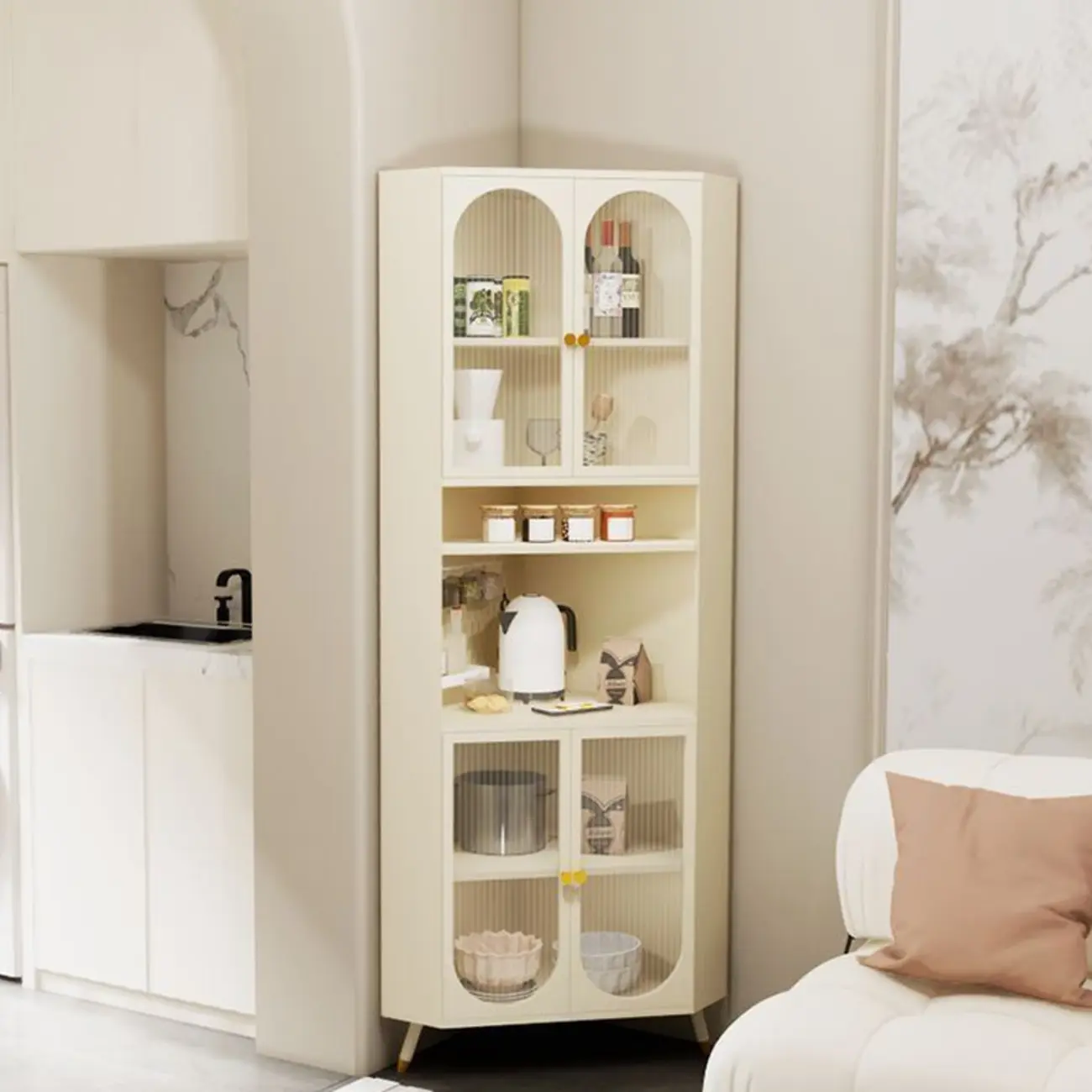 Versatile Ivory Wood Glass Door Storage Corner Cabinet Image - 2 | homeyfad