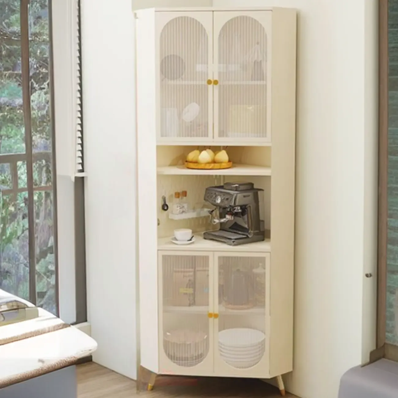Versatile Ivory Wood Glass Door Storage Corner Cabinet Image - 3