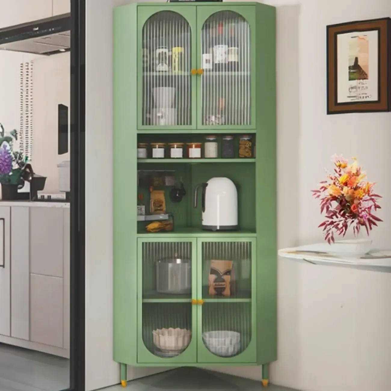 Versatile Ivory Wood Glass Door Storage Corner Cabinet Image - 7