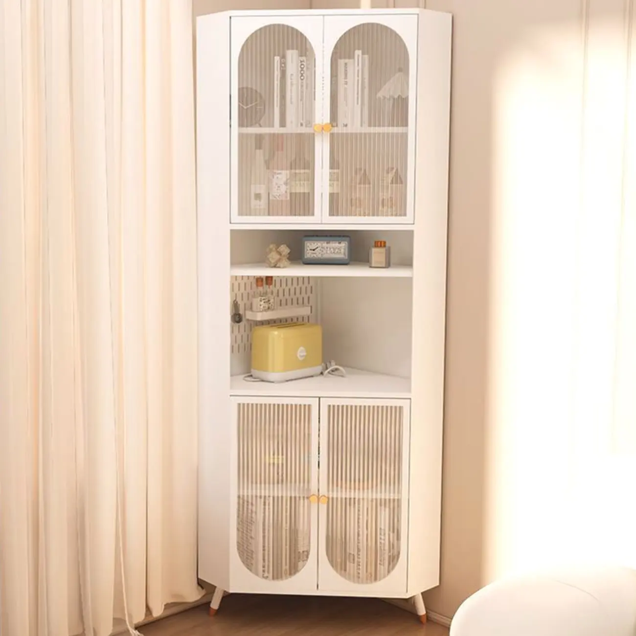 Versatile Ivory Wood Glass Door Storage Corner Cabinet Image - 8 | homeyfad