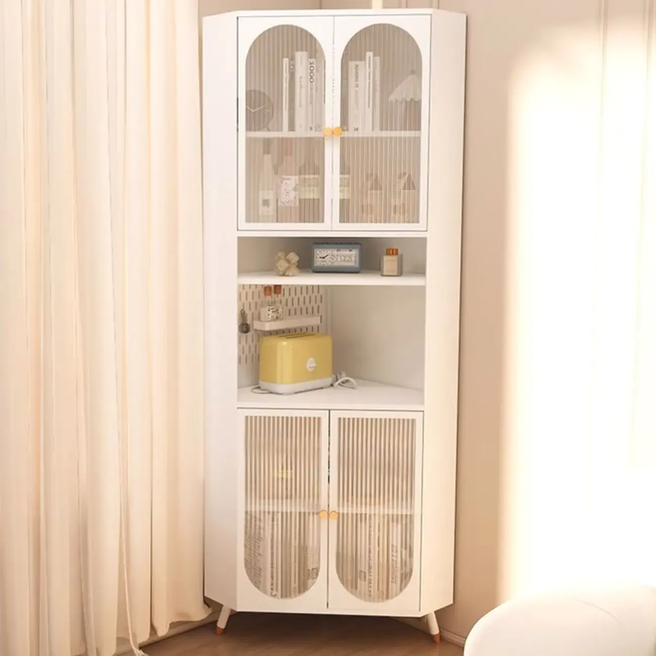 Versatile Ivory Wood Glass Door Storage Corner Cabinet Image - 8
