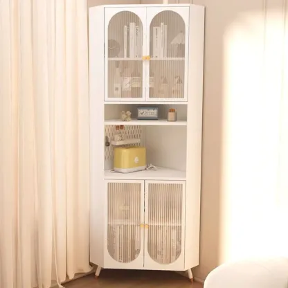 Versatile Ivory Wood Glass Door Storage Corner Cabinet Image - 8