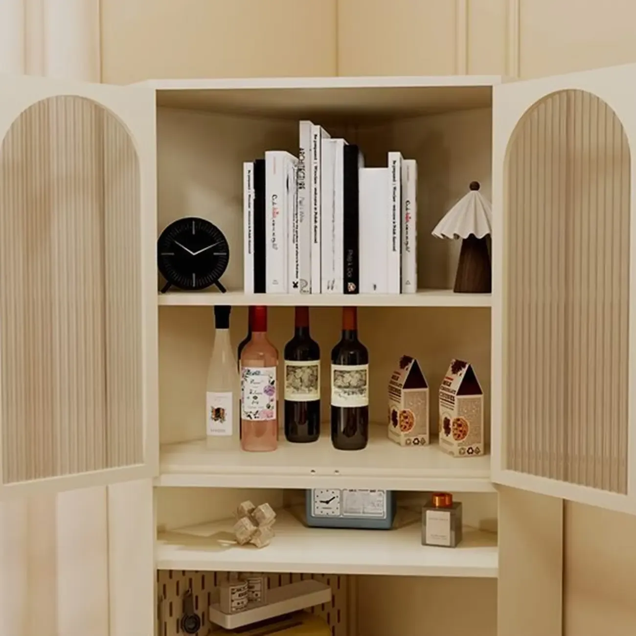 Versatile Ivory Wood Glass Door Storage Corner Cabinet Image - 9