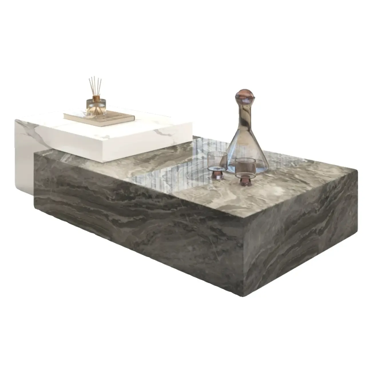 Low Rectangular Marble Block Modish Coffee Table Image - 2
