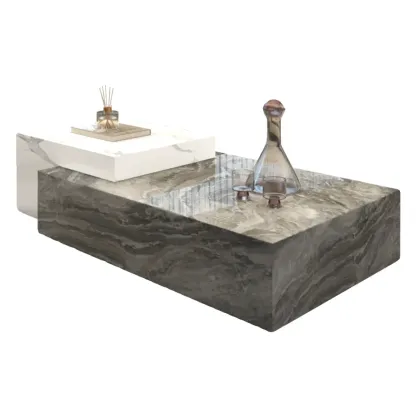 Low Rectangular Marble Block Modish Coffee Table Image - 2