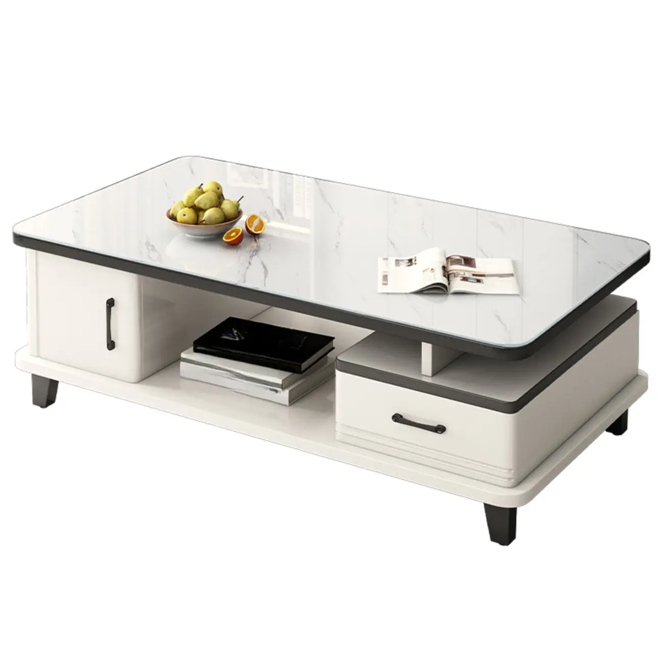 White Geometric Wood Glass Coffee Table with Storage Image - 2 | homeyfad