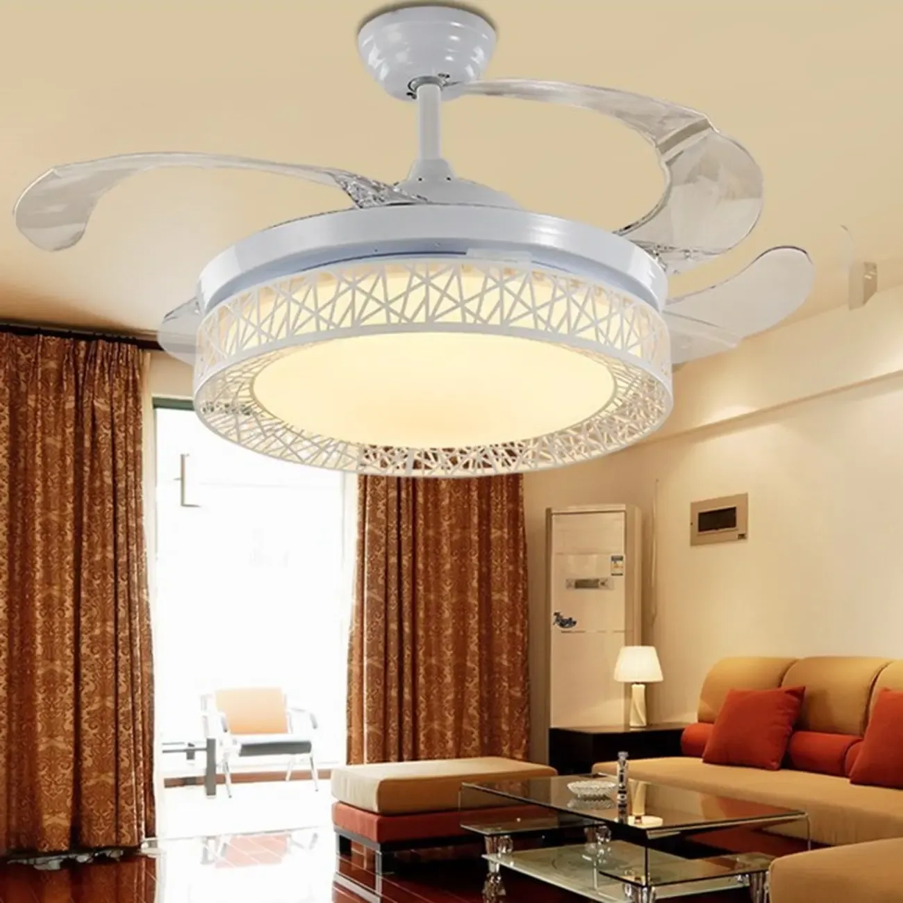 Modern Retractable Blades Ceiling Fan with Light for Living Room