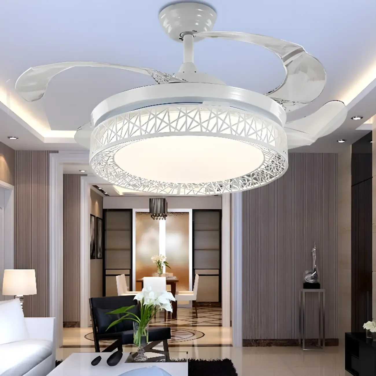 Modern Retractable Blades Ceiling Fan with Light for Living Room