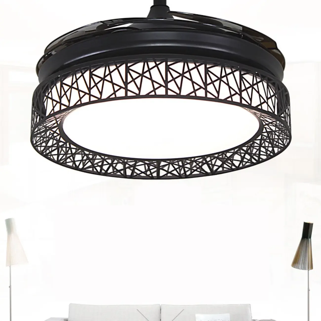 Modern Retractable Blades Ceiling Fan with Light for Living Room