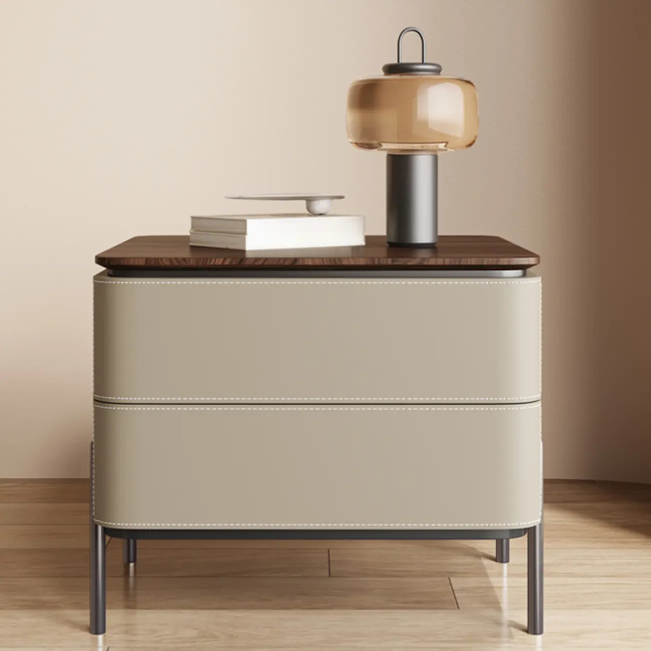 Modern Wood Top Leather Drawer Nightstand Including Metal Legs Image - 1 | homeyfad