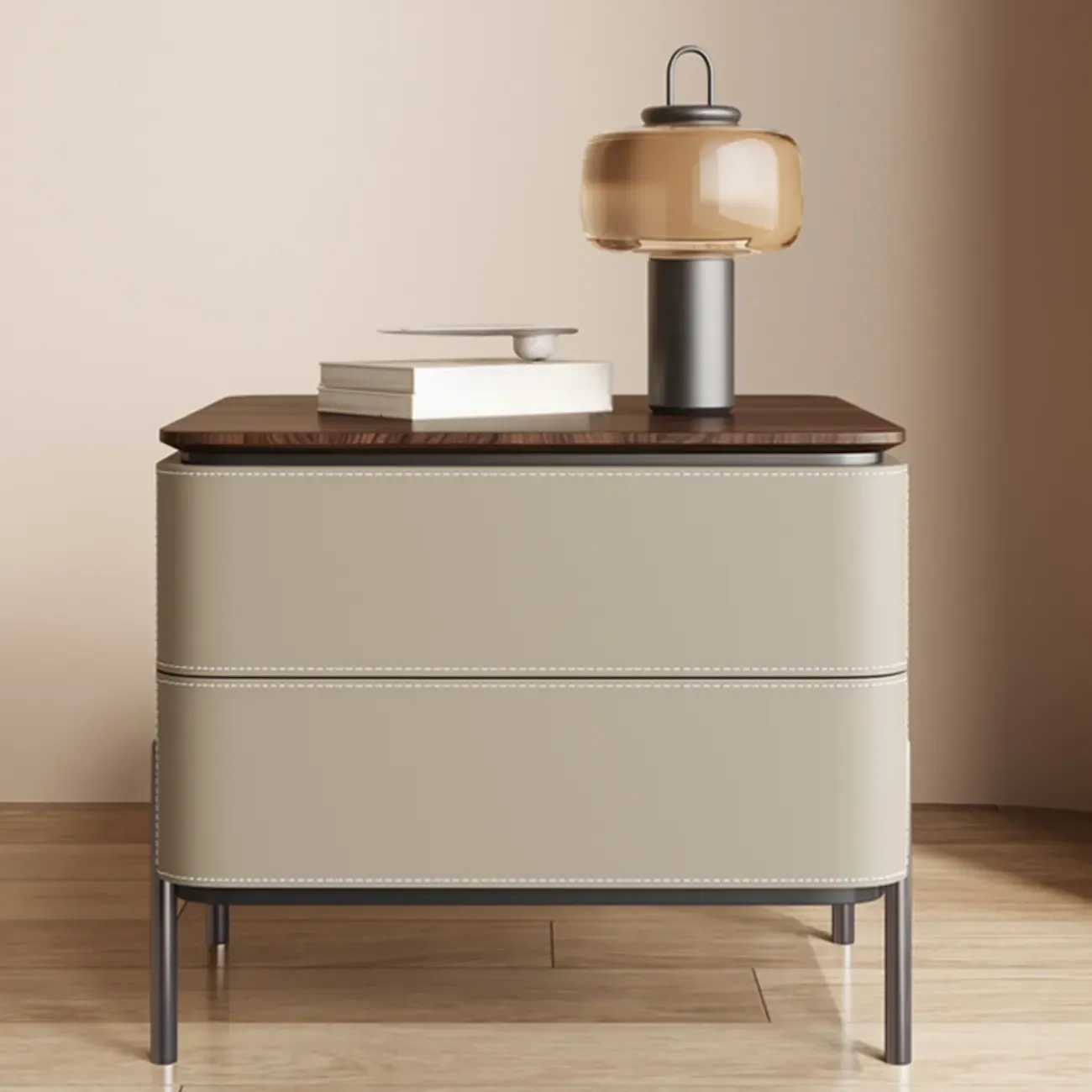 Modern Wood Top Leather Drawer Nightstand Including Metal Legs Image - 1