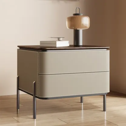 Modern Wood Top Leather Drawer Nightstand Including Metal Legs Image - 4