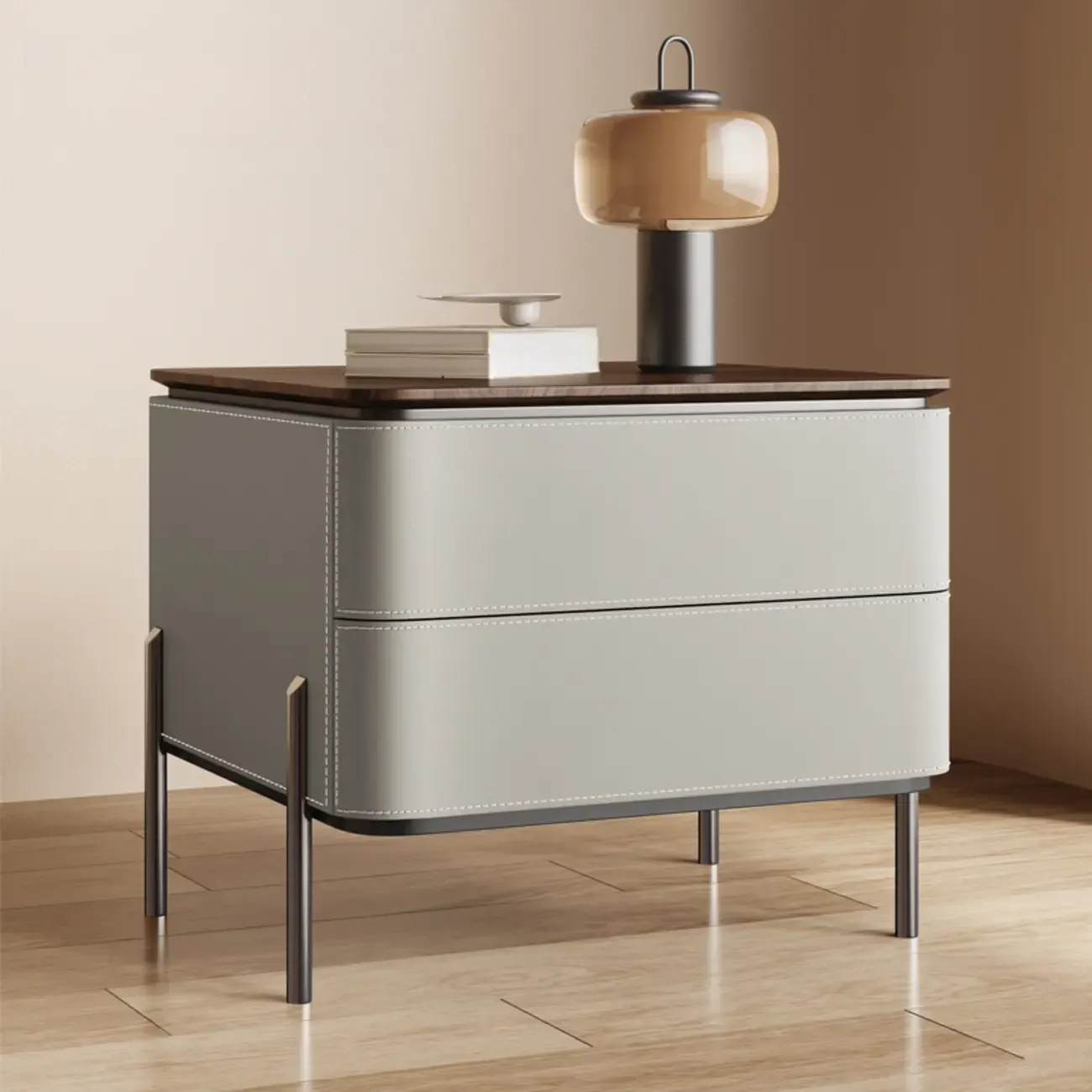 Modern Wood Top Leather Drawer Nightstand Including Metal Legs Image - 5