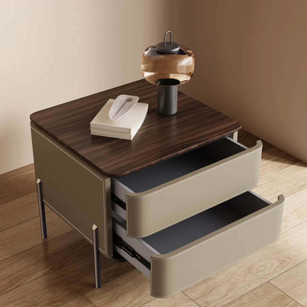 Modern Wood Top Leather Drawer Nightstand Including Metal Legs Image - 2 | homeyfad