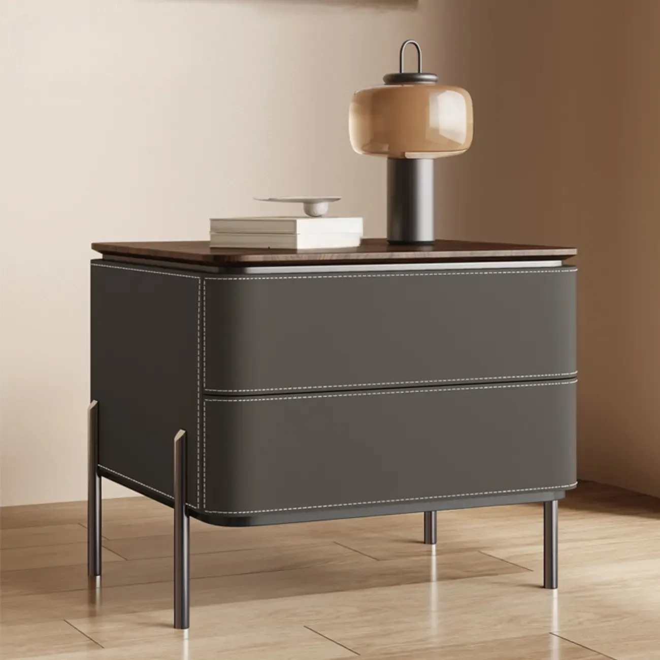 Modern Wood Top Leather Drawer Nightstand Including Metal Legs Image - 7