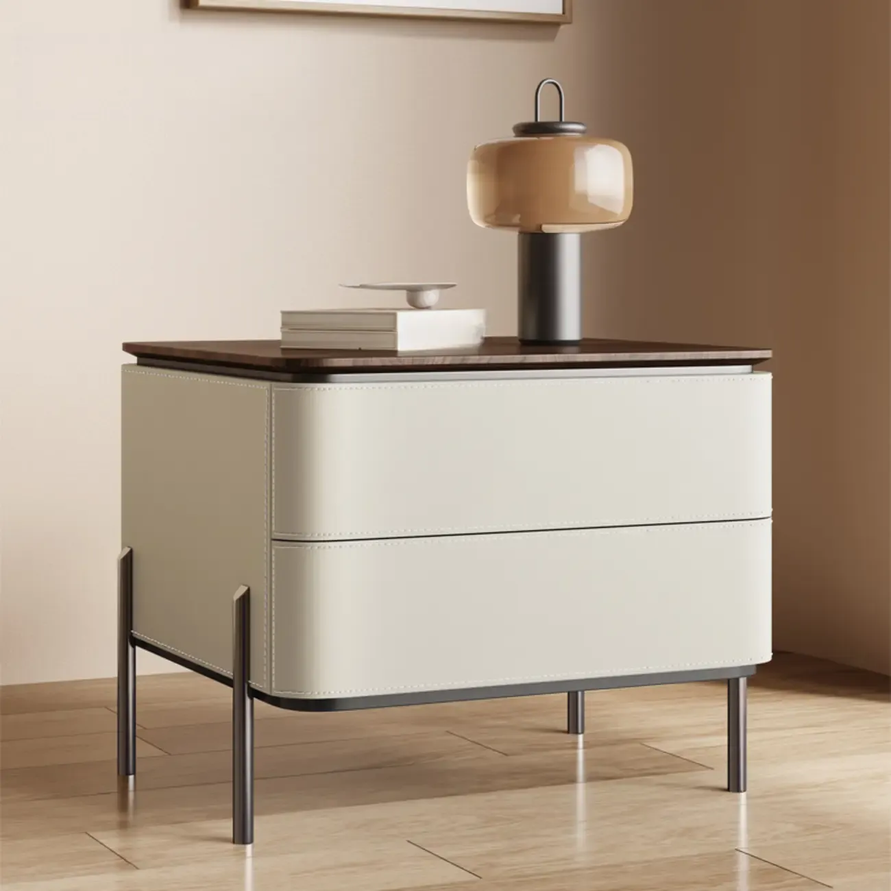 Modern Wood Top Leather Drawer Nightstand Including Metal Legs Image - 6