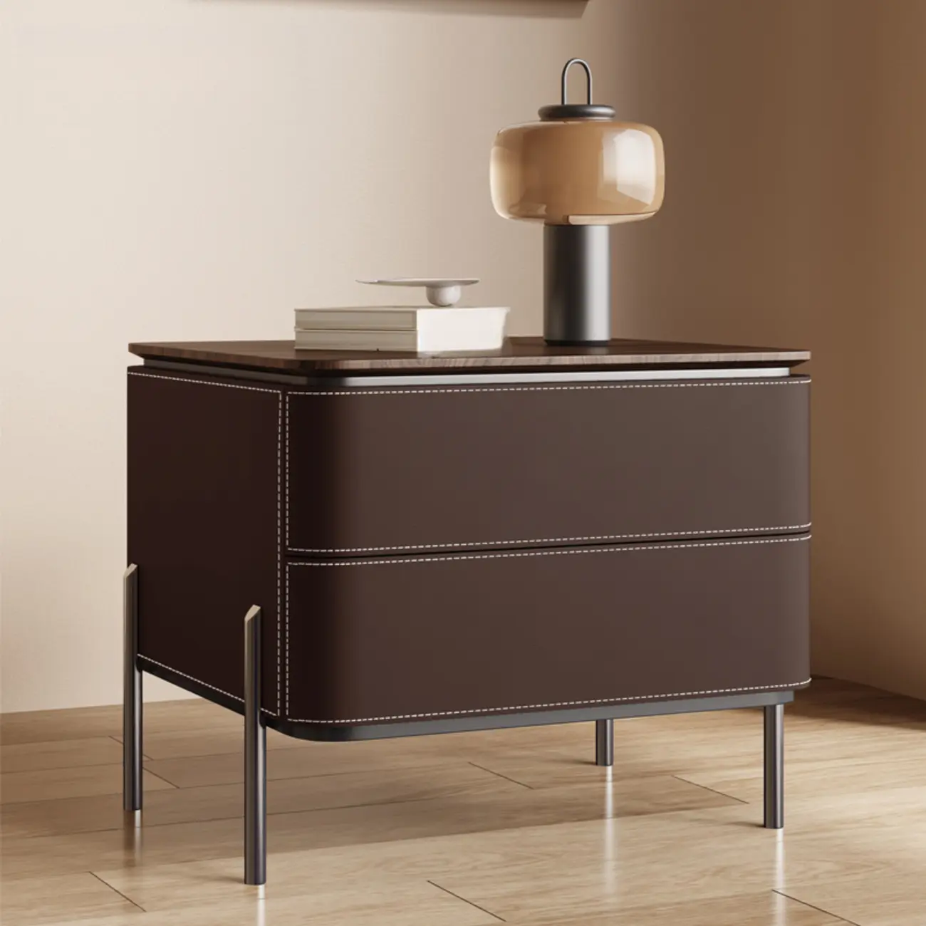 Modern Wood Top Leather Drawer Nightstand Including Metal Legs Image - 8 | homeyfad