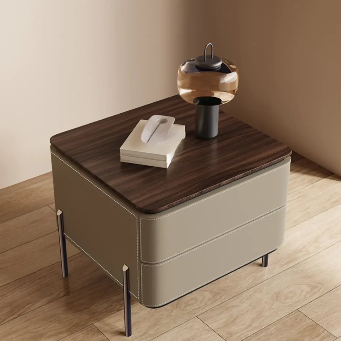 Modern Wood Top Leather Drawer Nightstand Including Metal Legs Image - 3