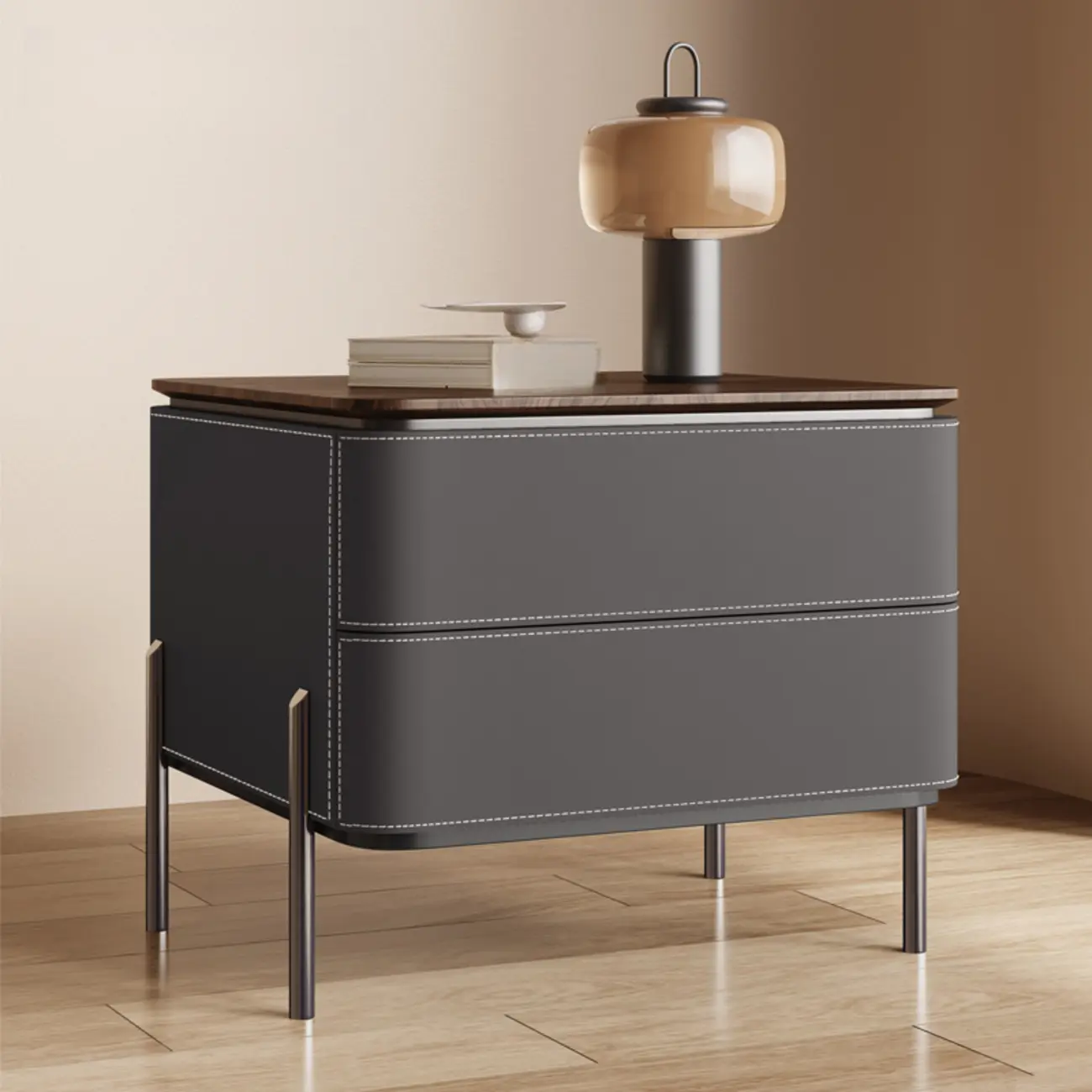 Modern Wood Top Leather Drawer Nightstand Including Metal Legs Image - 9 | homeyfad