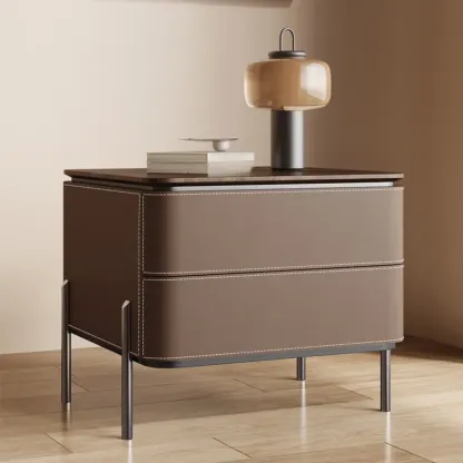 Modern Wood Top Leather Drawer Nightstand Including Metal Legs Image - 10