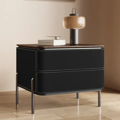 Modern Wood Top Leather Drawer Nightstand Including Metal Legs Image - 11