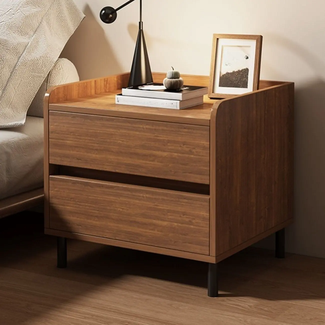 Minimalist Brown Wooden Tray Nightstand with 2 Drawers Image - 1 | homeyfad