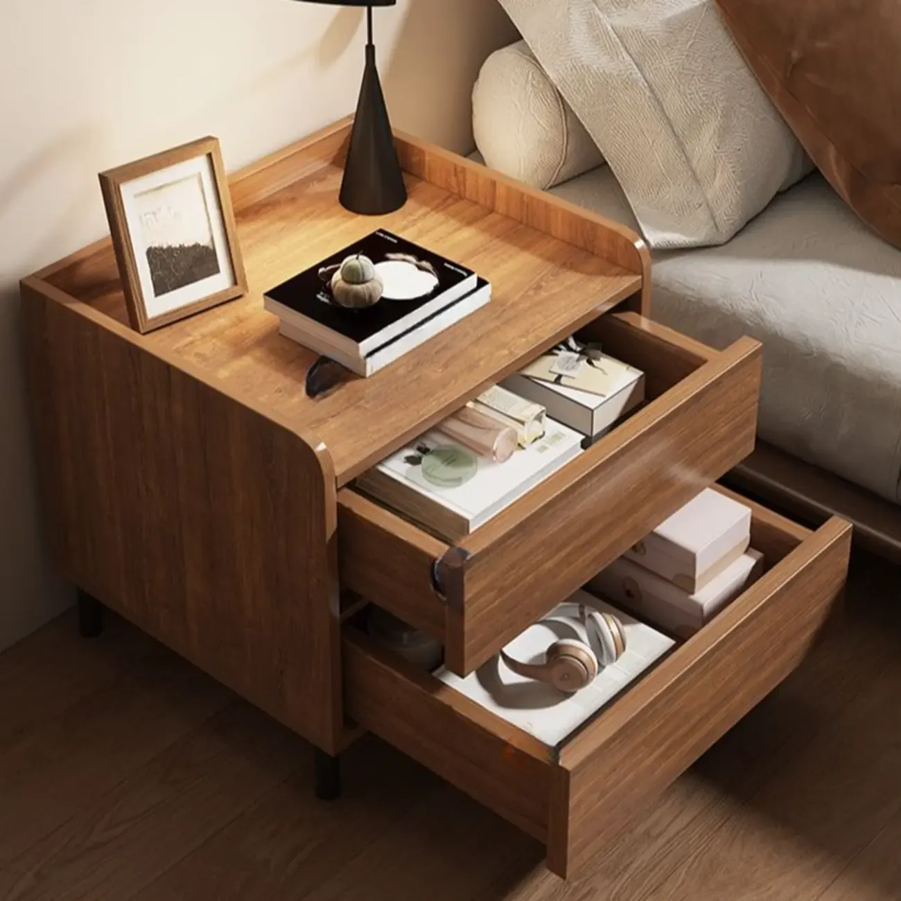 Minimalist Brown Wooden Tray Nightstand with 2 Drawers Image - 2