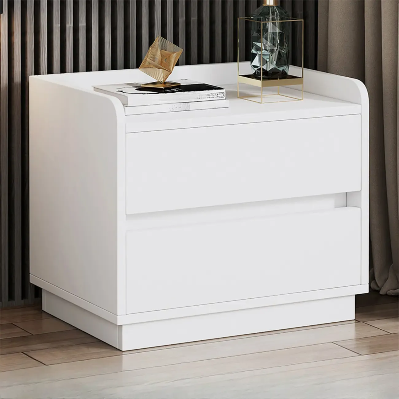 Minimalist Brown Wooden Tray Nightstand with 2 Drawers Image - 11