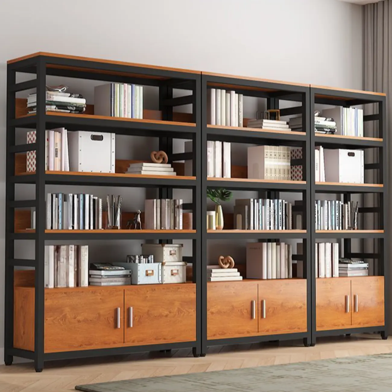 Brown Multi-Shelf Wooden Vertical Bookcase with Cabinet Image - 6 | homeyfad