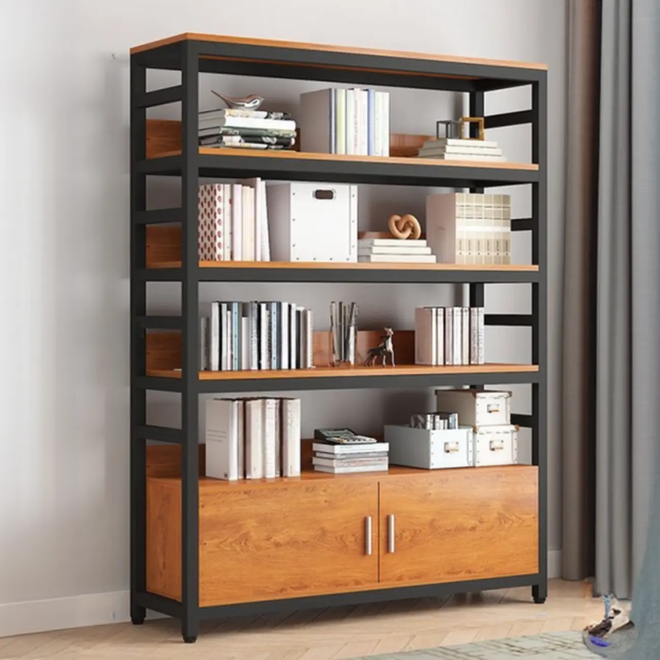 Brown Multi-Shelf Wooden Vertical Bookcase with Cabinet Image - 2 | homeyfad