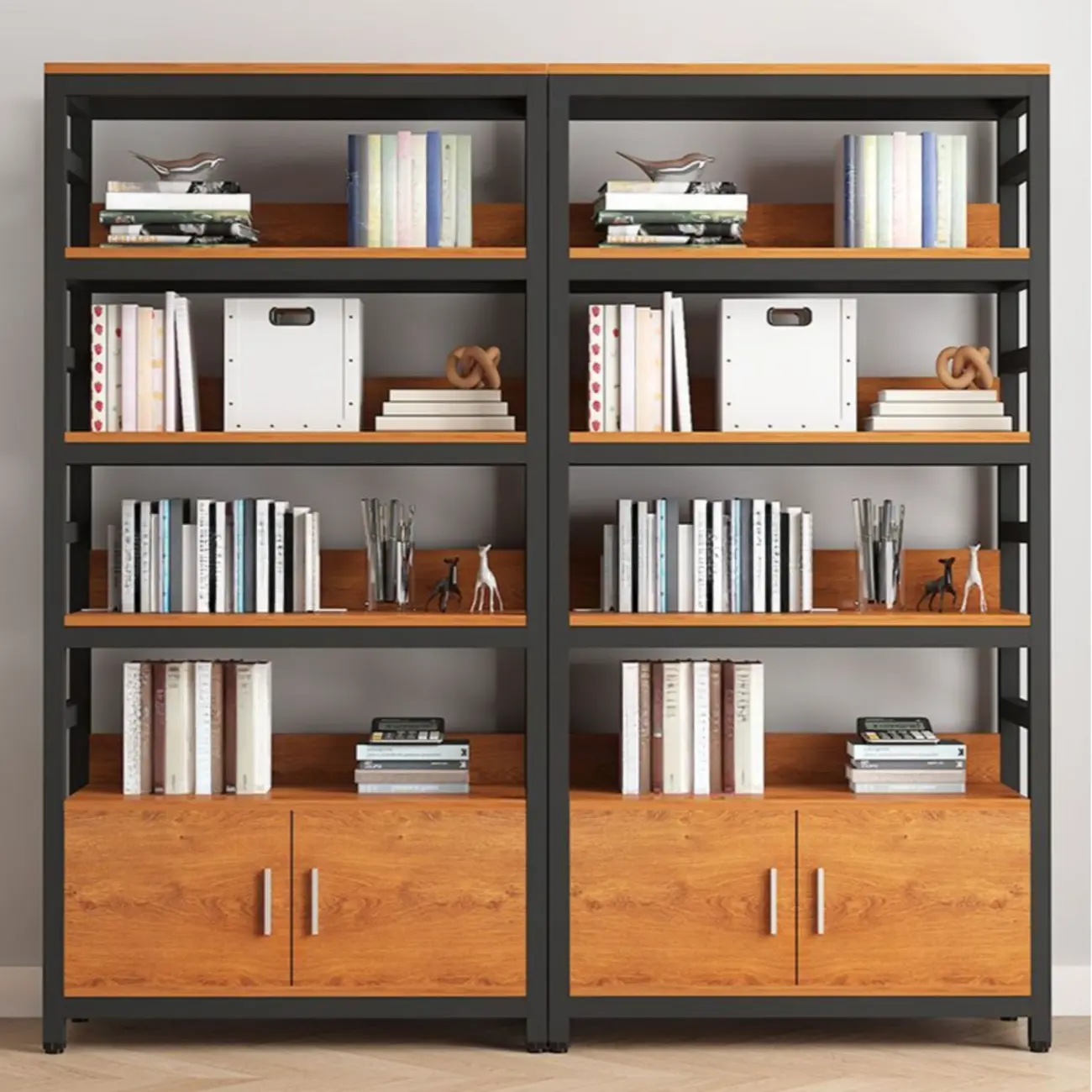 Brown Multi-Shelf Wooden Vertical Bookcase with Cabinet Image - 7 | homeyfad