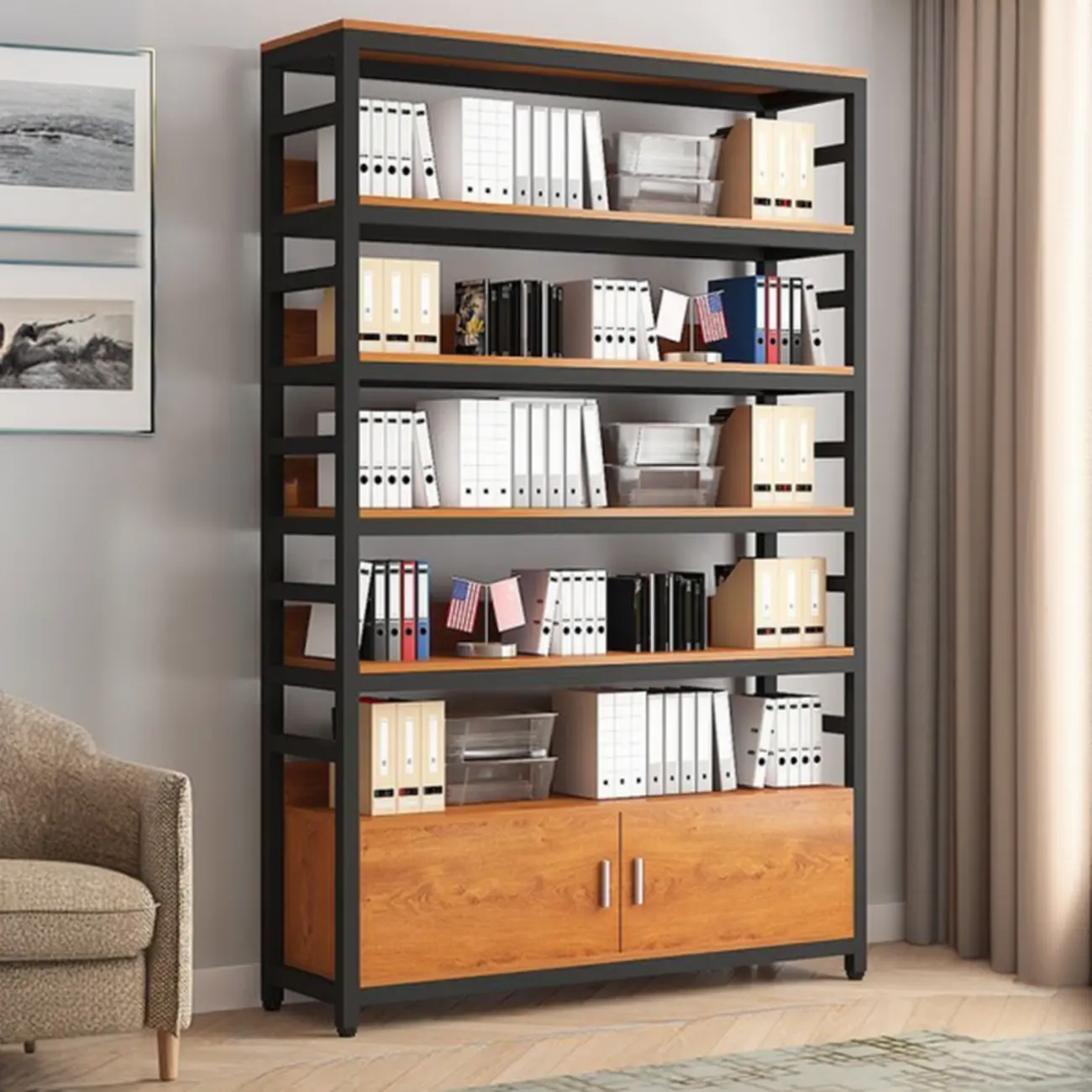 Brown Multi-Shelf Wooden Vertical Bookcase with Cabinet Image - 1 | homeyfad