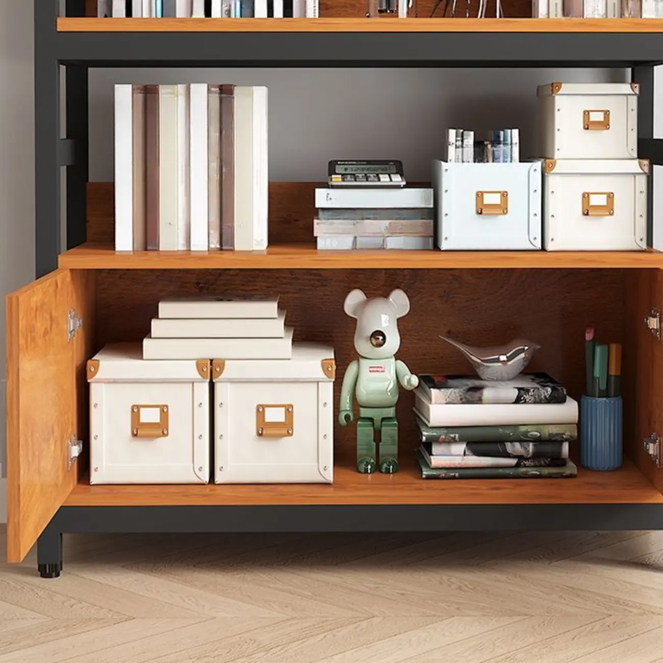 Brown Multi-Shelf Wooden Vertical Bookcase with Cabinet Image - 8 | homeyfad