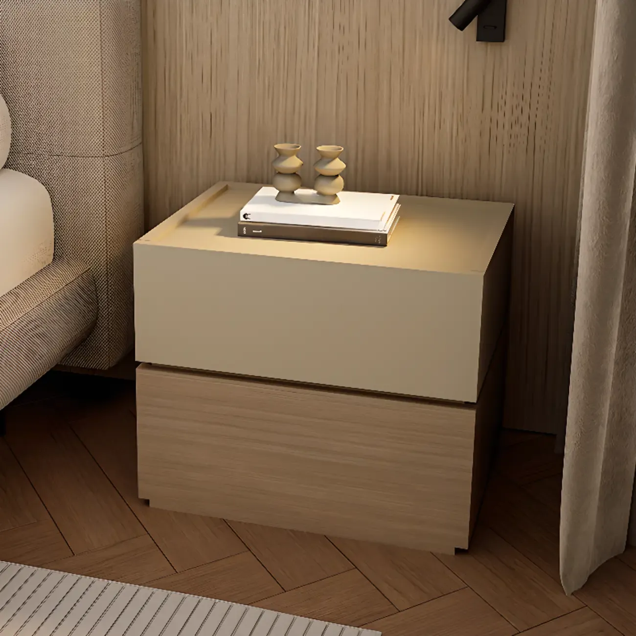 Modern Wood Two-Tone Elegant Nightstand with Drawer Image - 4