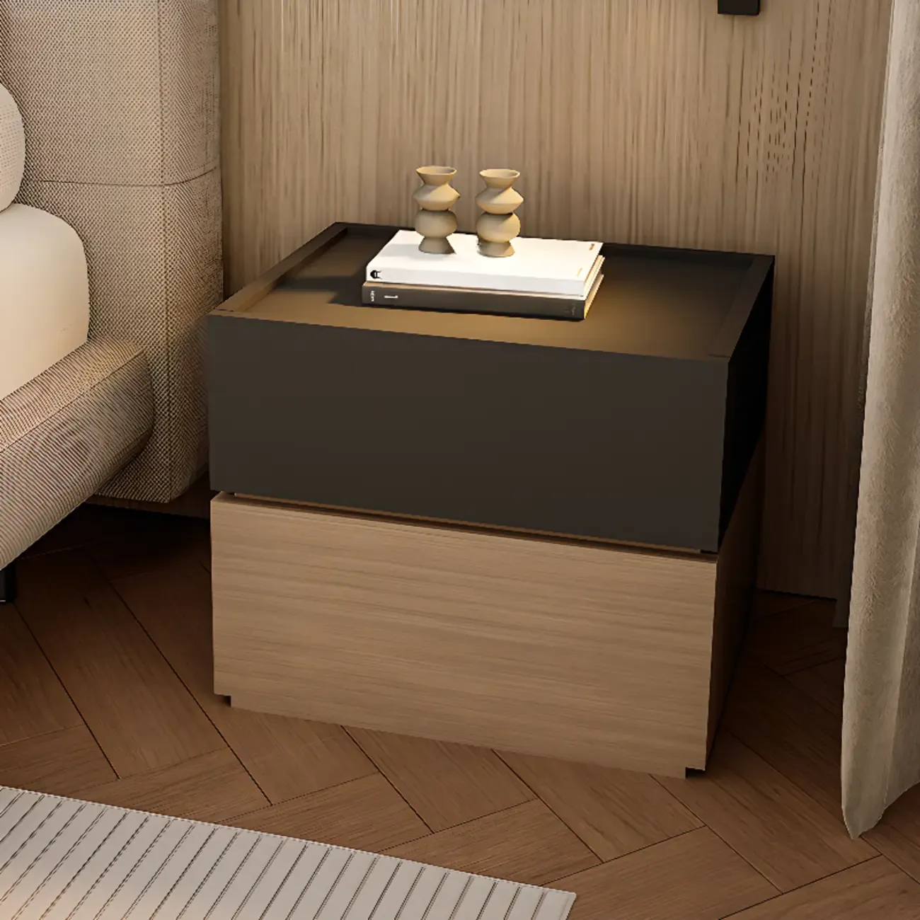 Modern Wood Two-Tone Elegant Nightstand with Drawer Image - 1