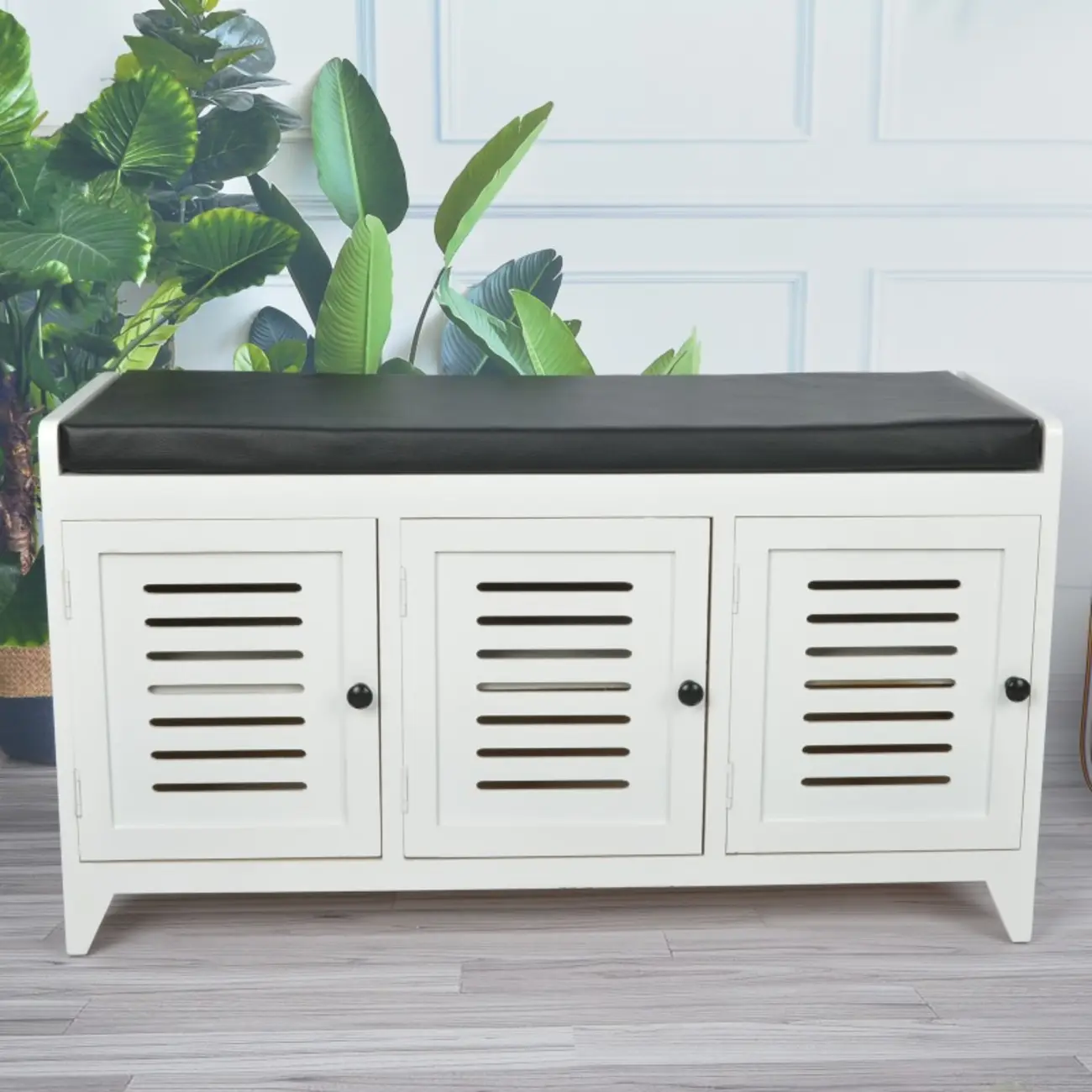 White-Gray Solid Wood Hallway Shoe Bench with Cushion Image - 3 | homeyfad