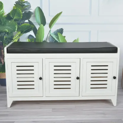 White-Gray Solid Wood Hallway Shoe Bench with Cushion Image - 3