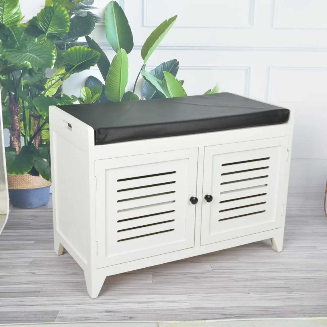 White-Gray Solid Wood Hallway Shoe Bench with Cushion Image - 11 | homeyfad