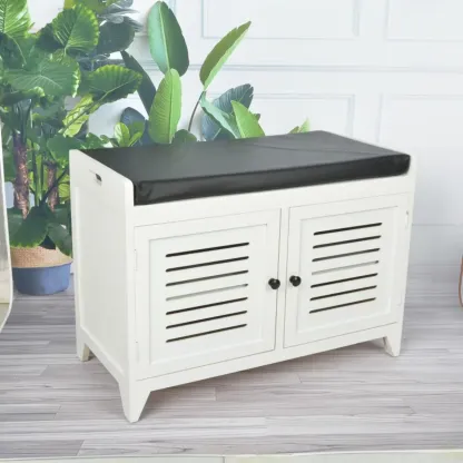White-Gray Solid Wood Hallway Shoe Bench with Cushion Image - 11