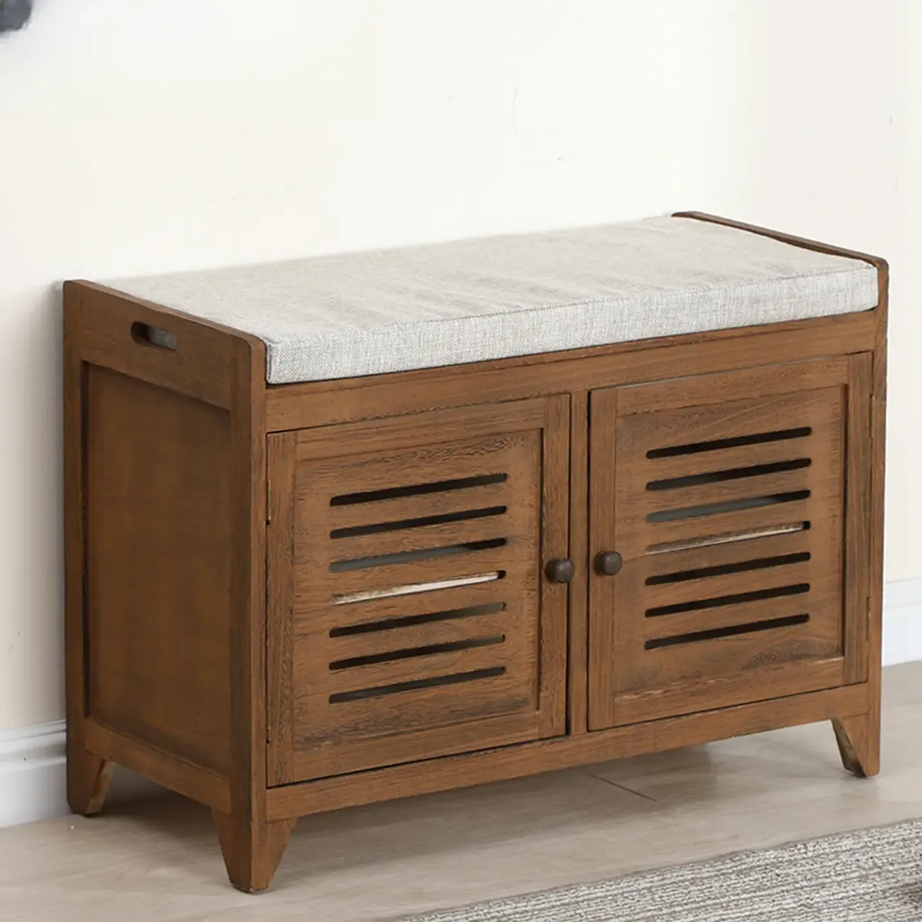 White-Gray Solid Wood Hallway Shoe Bench with Cushion Image - 17