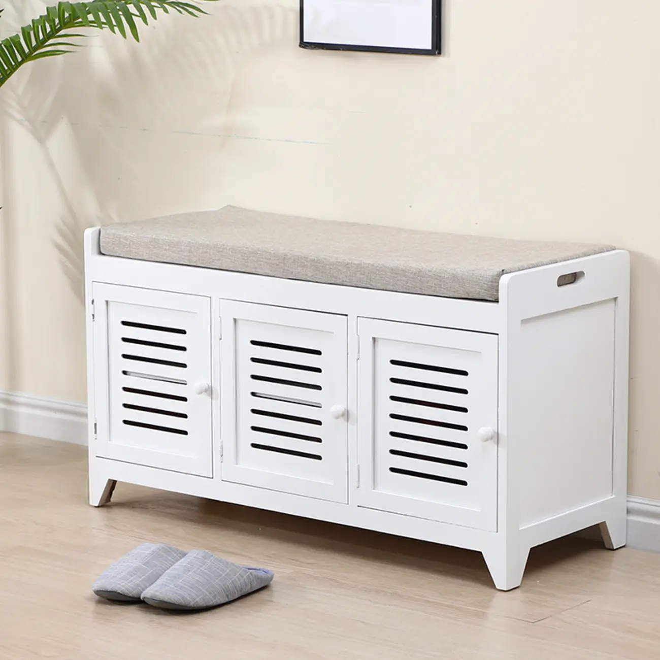 White-Gray Solid Wood Hallway Shoe Bench with Cushion Image - 19 | homeyfad