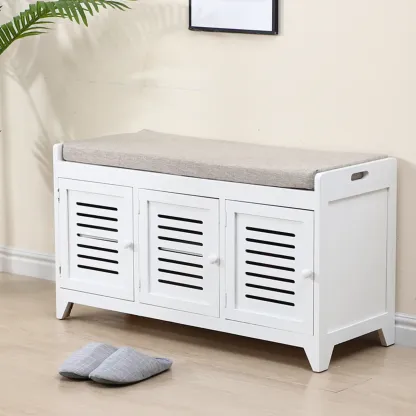 White-Gray Solid Wood Hallway Shoe Bench with Cushion Image - 19