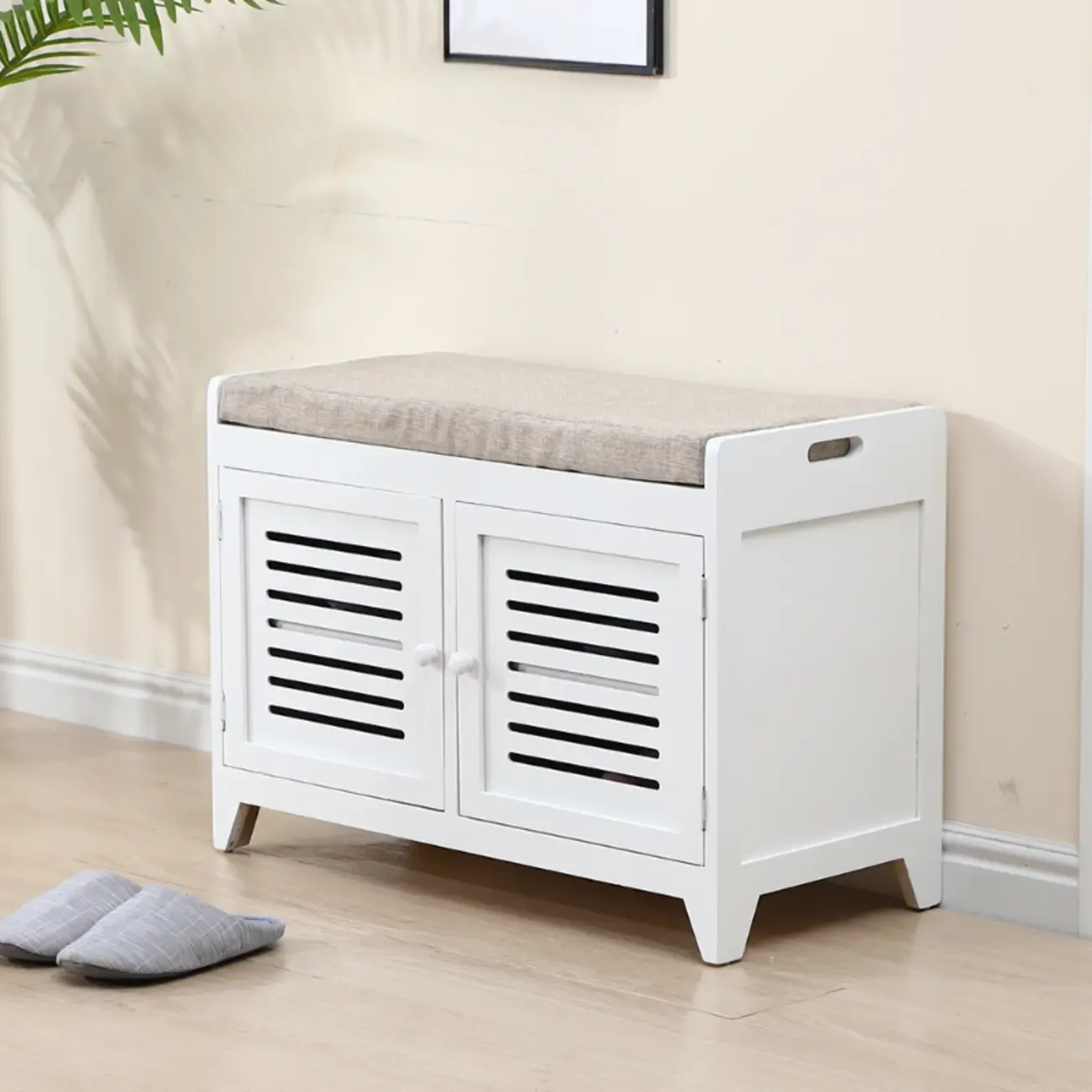 White-Gray Solid Wood Hallway Shoe Bench with Cushion Image - 1