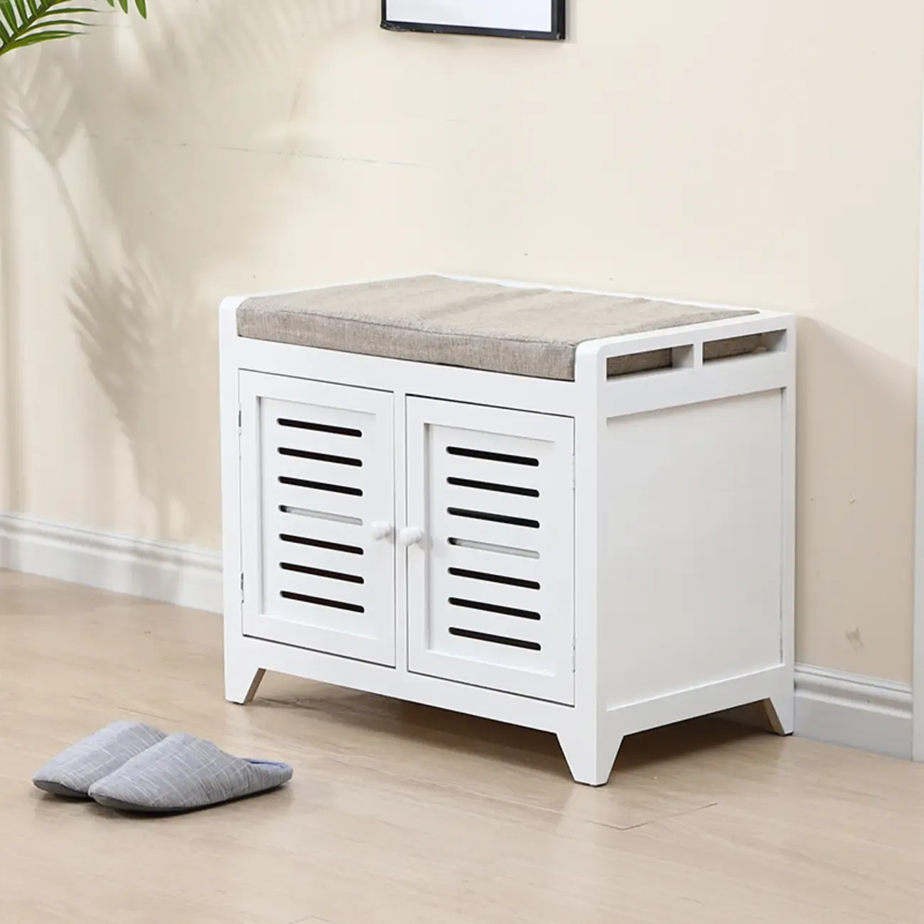 White-Gray Solid Wood Hallway Shoe Bench with Cushion Image - 20