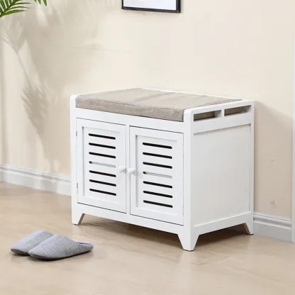 White-Gray Solid Wood Hallway Shoe Bench with Cushion Image - 20